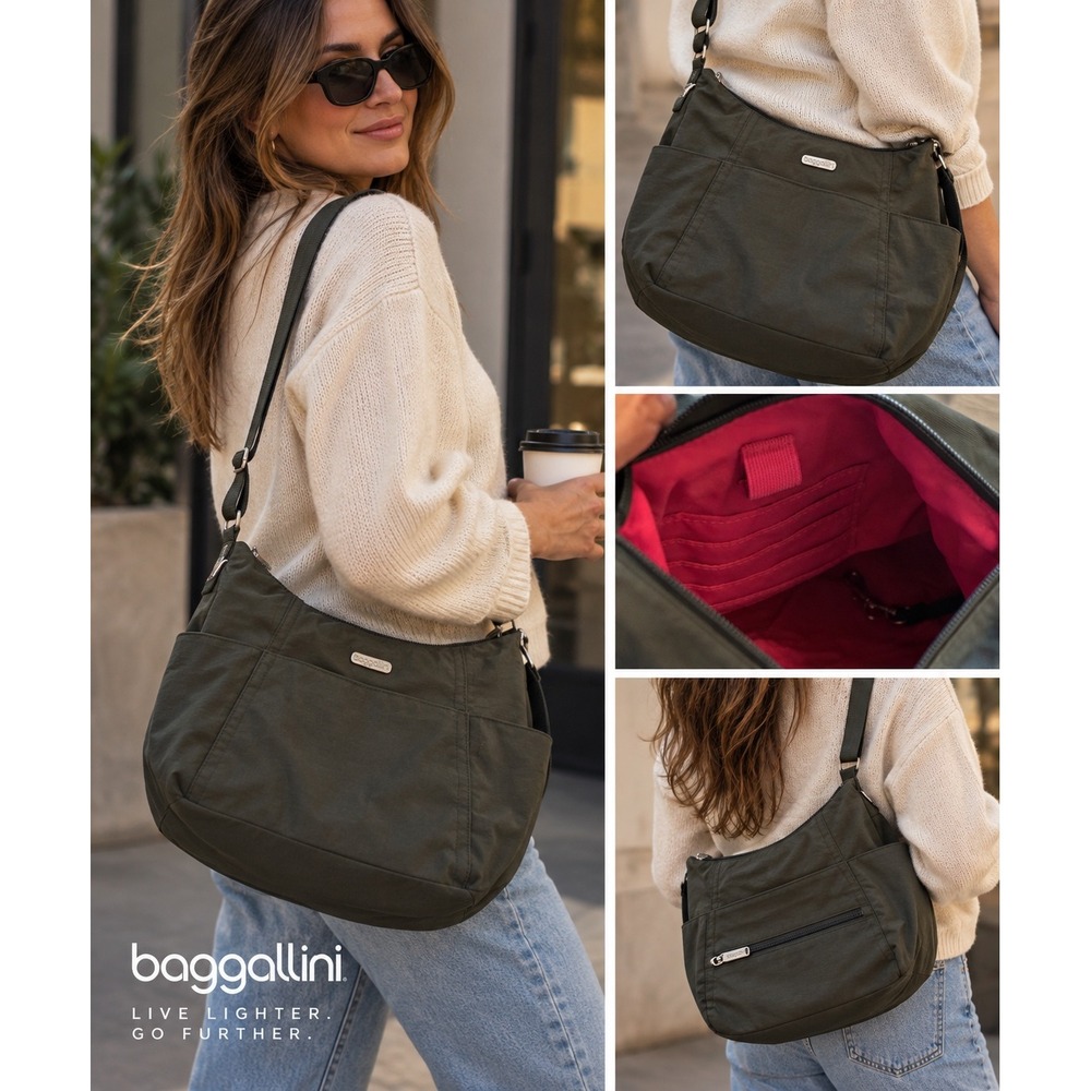 Baggallini Gray Nylon Hobo Shoulder Bag Pink Lining Organizer Travel Crossbody